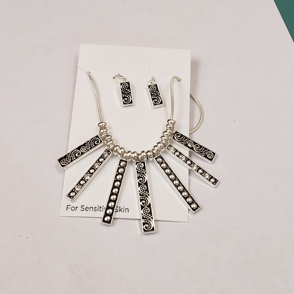 Belk Necklace earring set, sensitive skin, silver tone black textured bar dangle - Picture 2 of 10